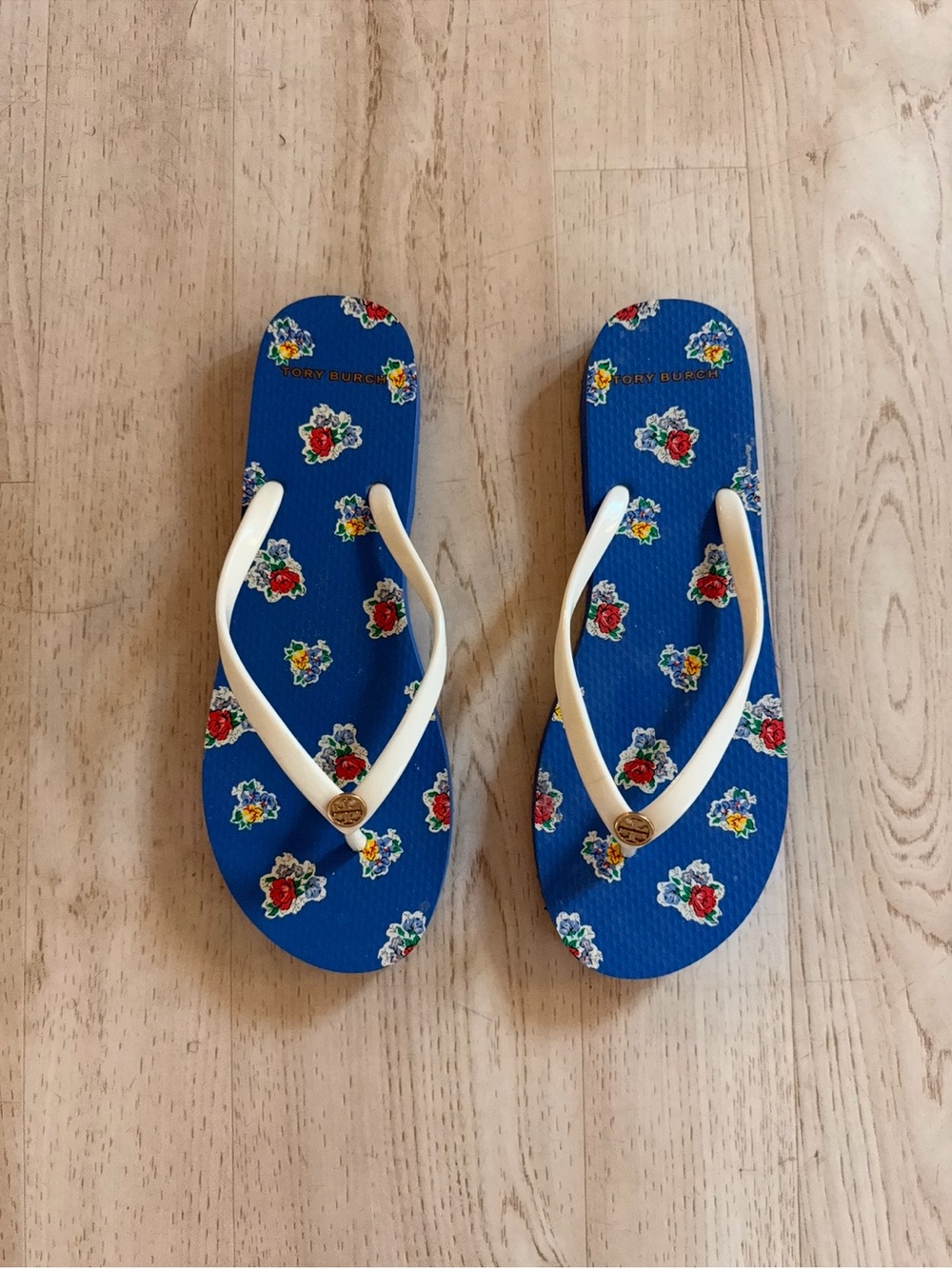 Tory Burch Blue Floral Flip Flops with White Straps